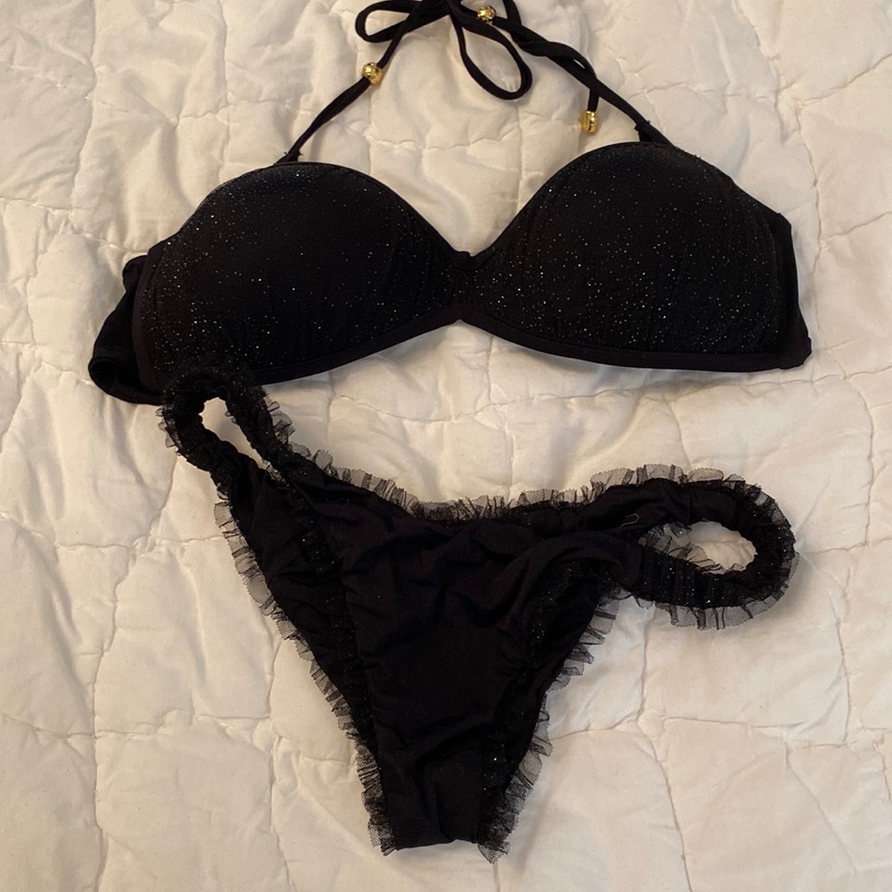 Beach bunny black bikin. Black sparkle with tulle on bottom
